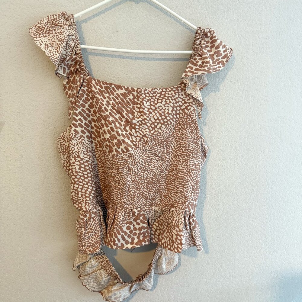 Express Animal Print Peplum Top Ruffle Sleeve Peplum Blouse Tan Brown XL